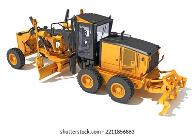 Motor Grader Heavy Construction Machinery 3D Rendering On White Background