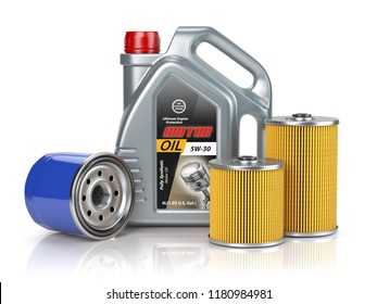 Motor oil canisters and car oil filter isolated on white background. Auto service and car maintenance concept. 3d illustration