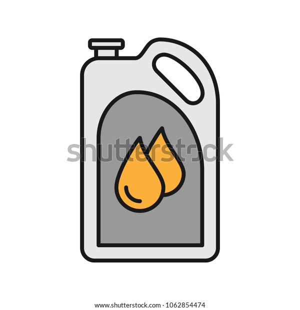 Motor oil color\
icon. Plastic jerry can with liquid drops. Fuel container. Isolated\
raster\
illustration