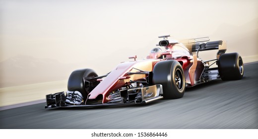 Motor sports competitive team racing. Fast moving generic race car racing down the track with motion blur. 3d rendering with room for text or copy space 