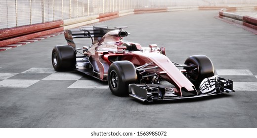 Motor sports competitive team racing. Generic red race car parked at the finish line of a race track with room for text or copy space. 3d rendering