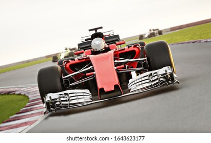 Motor Sports Competitive Team Racing. Fast Moving Generic Race Car Leading The Pack Racing Down The Track With Motion Blur. 3d Rendering With Room For Text Or Copy Space 