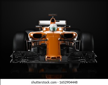 Motor Sports Competitive Team Racing. Sleek Generic Orange Race Car And Driver With Front View Perspective, Studio Lighting And Reflective Background. 3d Rendering 