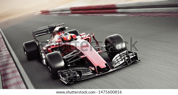 Motor sports competitive team racing. Fast\
moving generic race car racing down the track with motion blur. 3d\
rendering with room for text or copy space\
