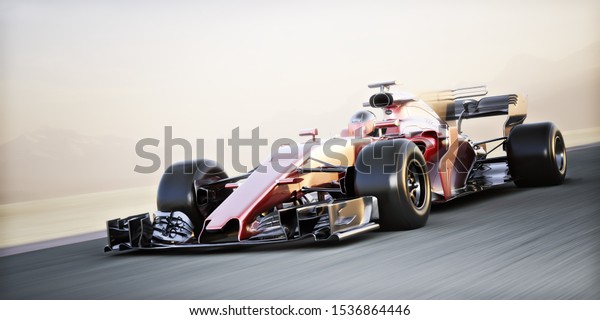 Motor sports competitive team racing. Fast\
moving generic race car racing down the track with motion blur. 3d\
rendering with room for text or copy space\
