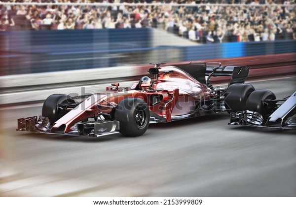 Motor sports competitive\
team racing.Crowd cheering with fast moving generic race car\'s\
racing down the track towards the finish line with motion blur. 3d\
rendering .