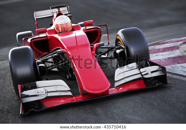 Motor sports race car Front angled view\
speeding down a track . 3d\
rendering