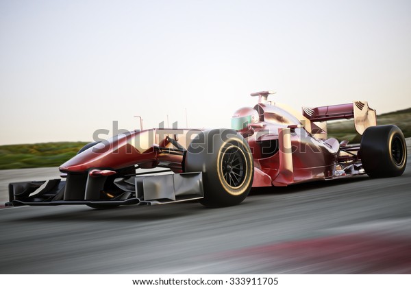Motor sports race car side angled view speeding\
down a track with motion blur. Photo realistic 3d scene with room\
for text or copy\
space