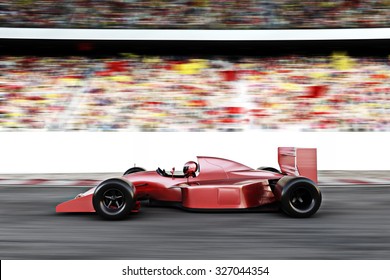 Motor Sports Red Race Car Side View On A Track Leading The Pack With Motion Blur.