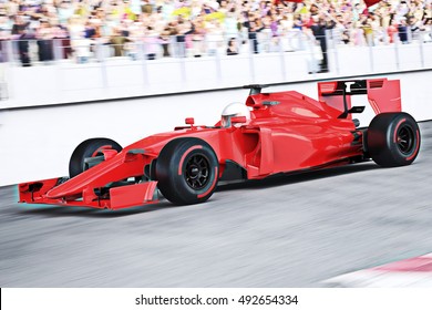 Motor Sports Red Race Car Angled View Speeding Down The Track Leading The Pack With Motion Blur And Crowd In The Background. 3d Rendering