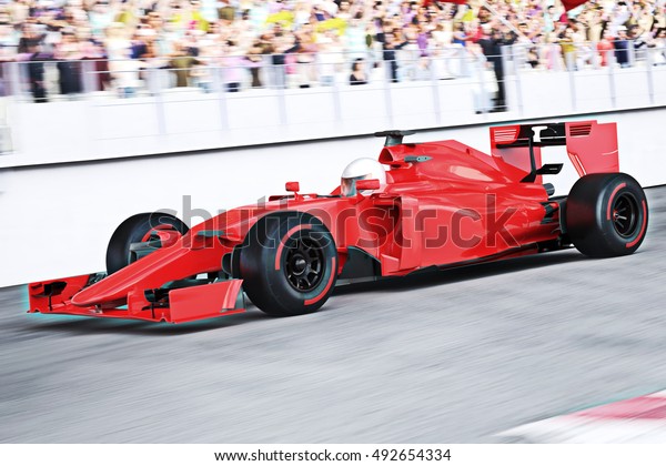 Motor sports red race car angled view speeding\
down the track leading the pack with motion Blur and crowd in the\
background. 3d\
rendering