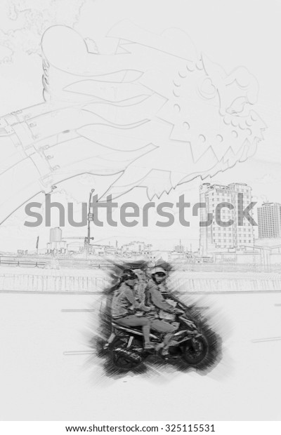 Motorbikes in Vietnam. Painting of travel\
scene, pencil outlines of\
background.