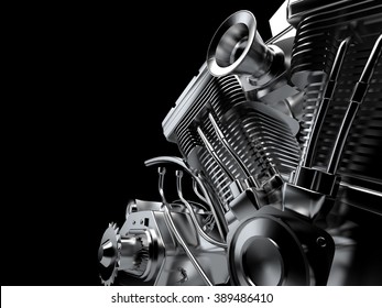 Motorcycle Engine Close-up On Black Background