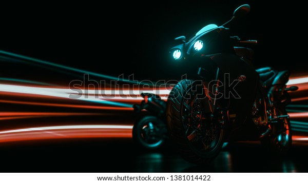motorcycle is light in the back. 3D render\
and\
illustration.