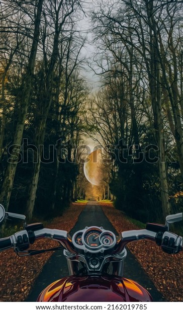  Motorcycle on the road in the city\
park. 3D illustration. Imitation of oil\
painting.