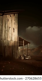A motorcycle is parked in front of a rustic barn in a rural setting.