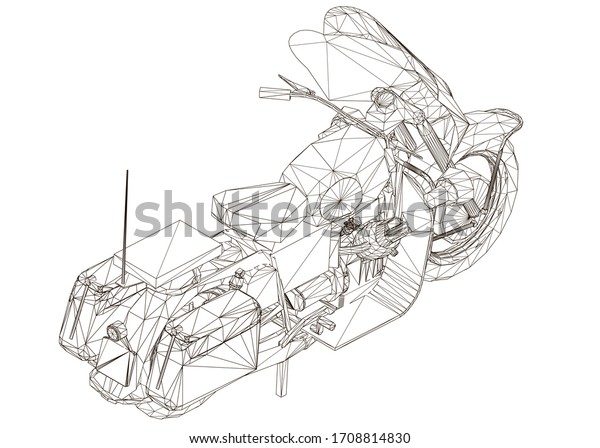 Motorcycle wireframe made of\
black lines Isolated on a white background. View isometric. 3D\
illustration.