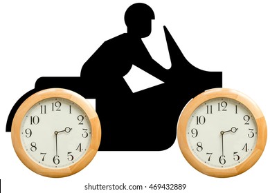 Motorcyclist Silhouette On A Motorbike With Clocks As Wheels White Background, Concept For Time Running Fast And Passing By Quickly.