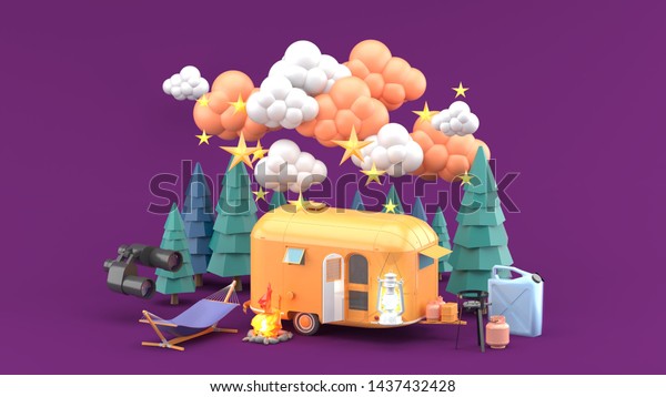 Motorhome camping surrounded by pine trees\
on a purple background.-3d\
rendering.\
