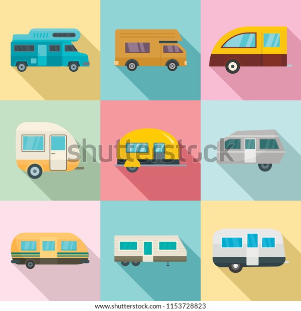 Motorhome car\
trailer camp house icons set. Flat illustration of 9 motorhome car\
trailer camp house icons for\
web