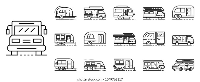 Motorhome icons set. Outline set of motorhome icons for web design isolated on white background