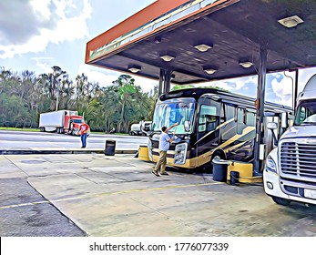 Motorhome Recreational Vehicle RV Getting Gas At The Truck Stop And Cleaning Windshield