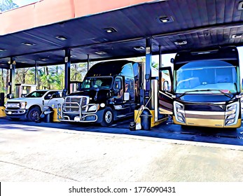 Motorhome Recreational Vehicle RV, Semi Truck And Large Flat Bed Truck At Truck Stop Getting Diesel Gas