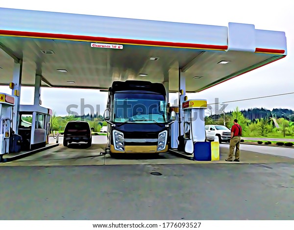 Motorhome (RV) recreational vehicles at gas station\
with cars