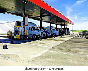 Motorhome (RV) Recreational Vehicles At Truck Stop Getting Gas With Semi Trucks