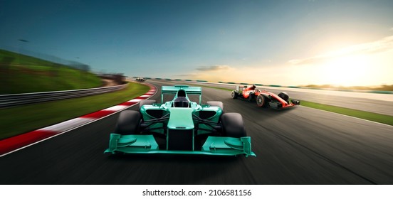 Motorsport Cars Racing On Race Track With Motion Blur Background, Cornering Scene. 3D Rendering.