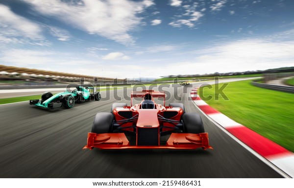 Motorsport cars racing on race track\
with motion blur background, cornering scene. 3D\
Rendering.