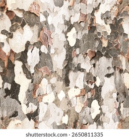The mottled bark of a sycamore tree forms a natural camouflage pattern