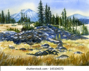Mount Bachelor View. Watercolor painting of Mt. Bachelor near Bend Oregon with rocks in the foreground