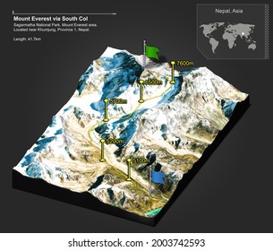 Mount Everest Via South Col Trek Route Map - 3D Illustration