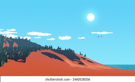 Mountain and beach landscape on a sunny day done in a 2D style