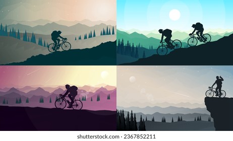 Mountain biking. Travel concept of discovering, exploring and observing nature. Mountain bike. Cycling. Adventure tourism. Minimalist graphic set flyer, coupon, voucher, gift card. Flat illustration - Powered by Shutterstock