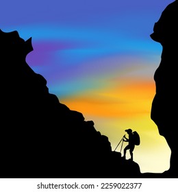 mountain climber cartoon silhouette painting and background sunrise  sunset  gradient color  blurred  noise 