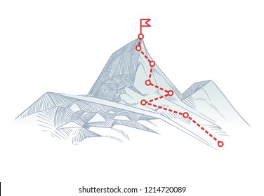 Mountain Climbing Route To Peak. Business Journey Path In Progress To Success Concept