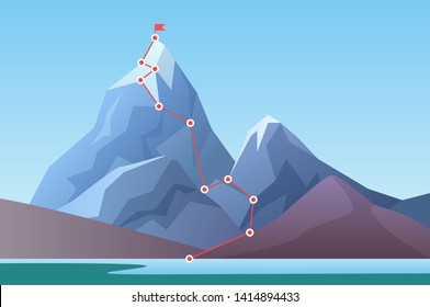 Mountain Climbing Route To Peak. Business Progress Motivation, Discipline And Success Target Concept  Illustration. Cartoon Mountain Peak, Climbing Route To Top Of Rock.