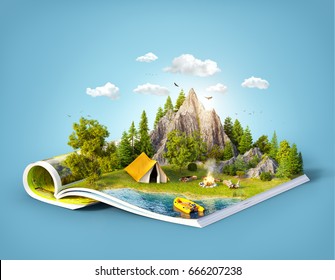 Mountain in forest, green meadow and camp tent near a lake on opened pages of magazine. Unusual 3d illustration. Travel and camping concept