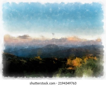 Mountain forest landscape and camping watercolor style illustration impressionist painting. - Powered by Shutterstock