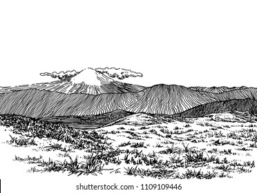 富士山の景色 白黒の彫り絵 ペンと墨で描く のイラスト素材 Shutterstock