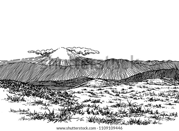 富士山の景色 白黒の彫り絵 ペンと墨で描く のイラスト素材
