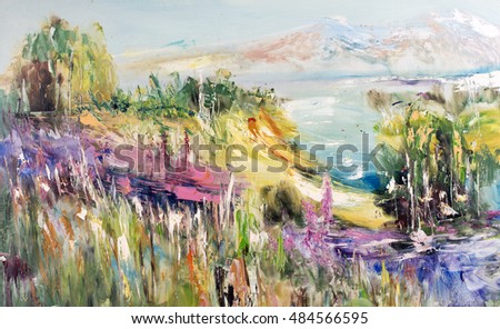 Mountain lake, hills and mountains, upland Landscape. Oil on canvas, modern art, watercolor painting, modern contemporary art 