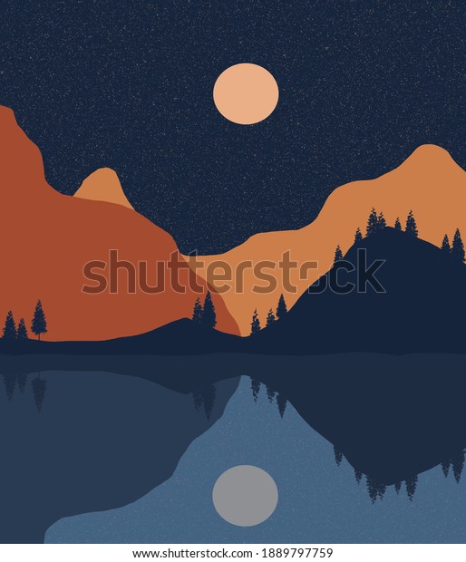 A mountain lake is seen\
in moonlight with stars in the sky and mountains reflected in the\
lake.