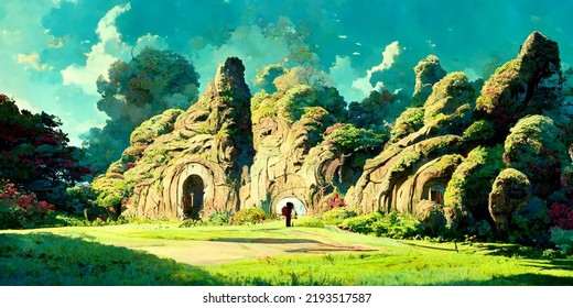 Mountain Landscape Anime Manga Style Digital Stock Illustration ...
