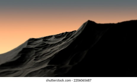 The Mountain Landscape In Blur Against The Background Of An Orange Sunset Or Dawn.Abstract Mountain In The Fog.3D Render.