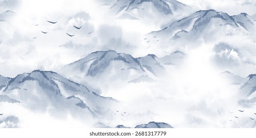 Mountain landscape in the clouds, seamless pattern with watercolor illustration. Scattered ornament with minimalist silhouettes of snow-capped mountains in a blue monochrome color. Winter background