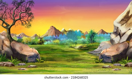 Mountain Landscape At Dawn. Digital Painting Background, Illustration.