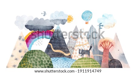Mountain landscape, hills, trail, lonely wolf, lake, balloon and clouds. Watercolor illustration. Children's poster.